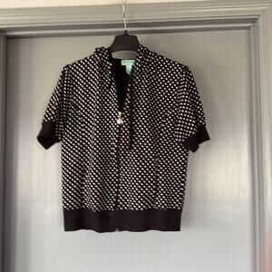 Silverwear NY Women's Zip Front Hoodie Top Short Sleeves Black White Dots sz L